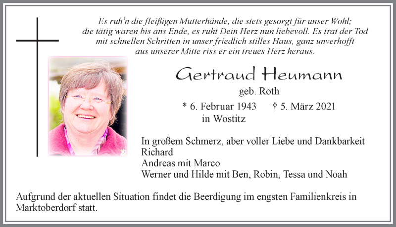  Traueranzeige für Gertraud Heumann vom 10.03.2021 aus Allgäuer Zeitung, Marktoberdorf