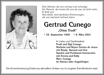 Traueranzeige von Gertrud Cunego von Allgäuer Zeitung, Kaufbeuren/Buchloe