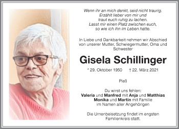 Traueranzeige von Gisela Schillinger von Memminger Zeitung
