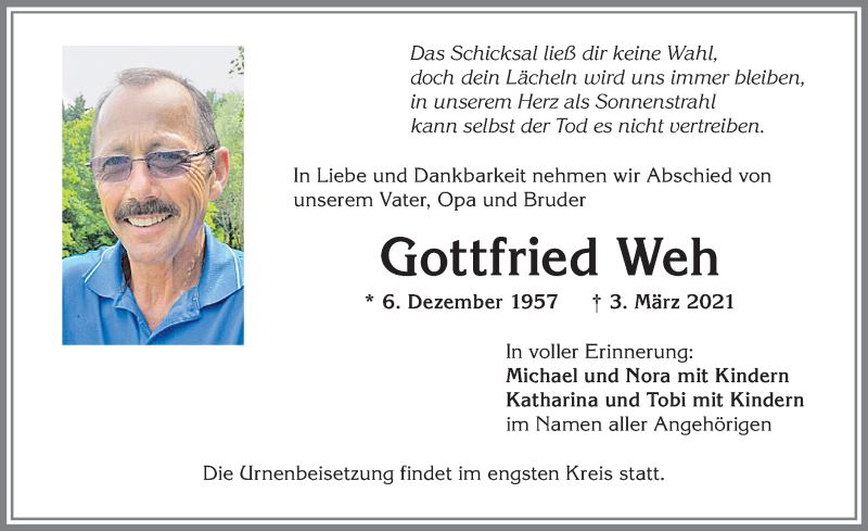  Traueranzeige für Gottfried Weh vom 06.03.2021 aus Allgäuer Zeitung,Kempten
