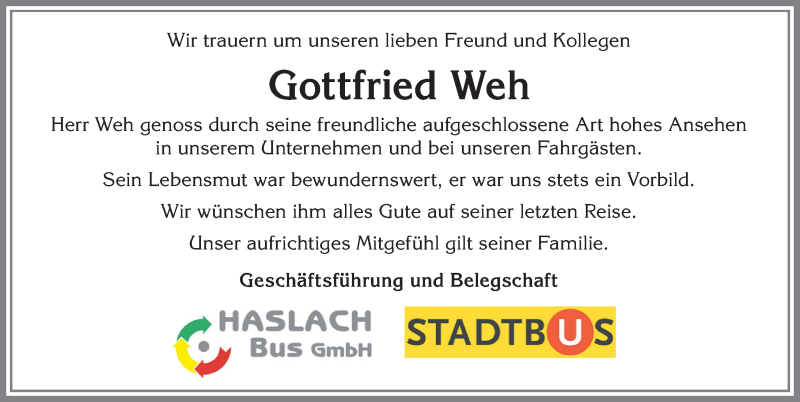  Traueranzeige für Gottfried Weh vom 06.03.2021 aus Allgäuer Zeitung,Kempten