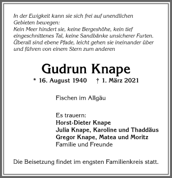 Traueranzeige von Gudrun Knape von Allgäuer Anzeigeblatt