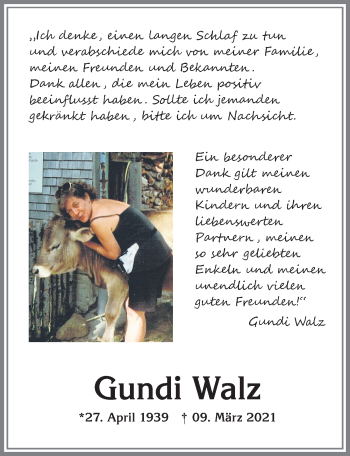 Traueranzeige von Gundi Walz von Allgäuer Anzeigeblatt