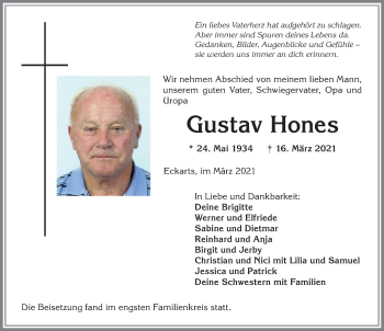 Traueranzeige von Gustav Hones von Allgäuer Anzeigeblatt