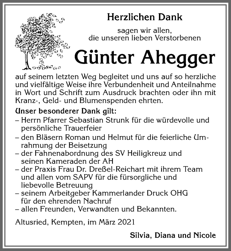  Traueranzeige für Günter Ahegger vom 30.03.2021 aus Allgäuer Zeitung,Kempten