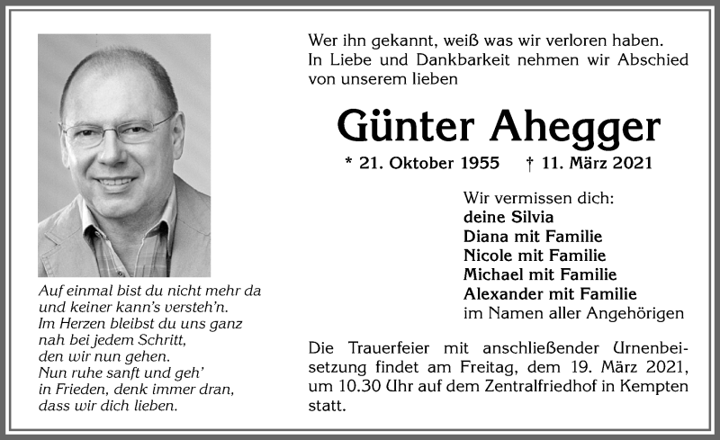  Traueranzeige für Günter Ahegger vom 17.03.2021 aus Allgäuer Zeitung,Kempten