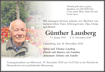 Traueranzeige von Günther Lausberg von Der Westallgäuer