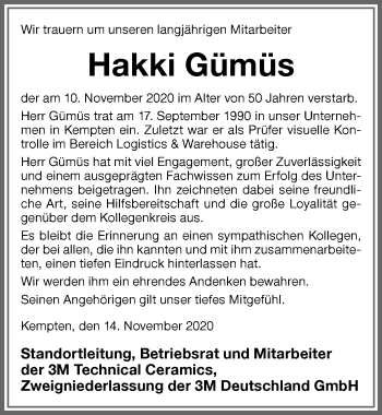 Traueranzeige von Hakki Gümüs von Allgäuer Zeitung,Kempten