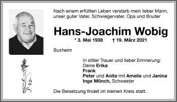 Traueranzeige von Hanbs-Joachim Wobig von Memminger Zeitung