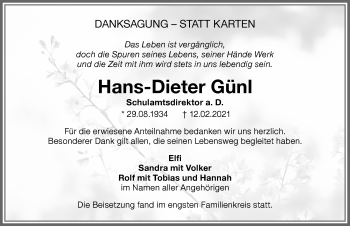 Traueranzeige von Hans-Dieter Günl von Memminger Zeitung