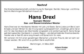 Traueranzeige von Hans Drexl von Allgäuer Zeitung