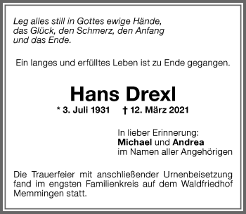 Traueranzeige von Hans Drexl von Memminger Zeitung