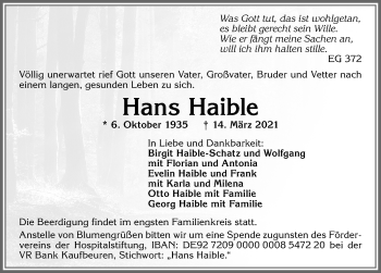 Traueranzeige von Hans Haible von Allgäuer Zeitung, Kaufbeuren/Buchloe
