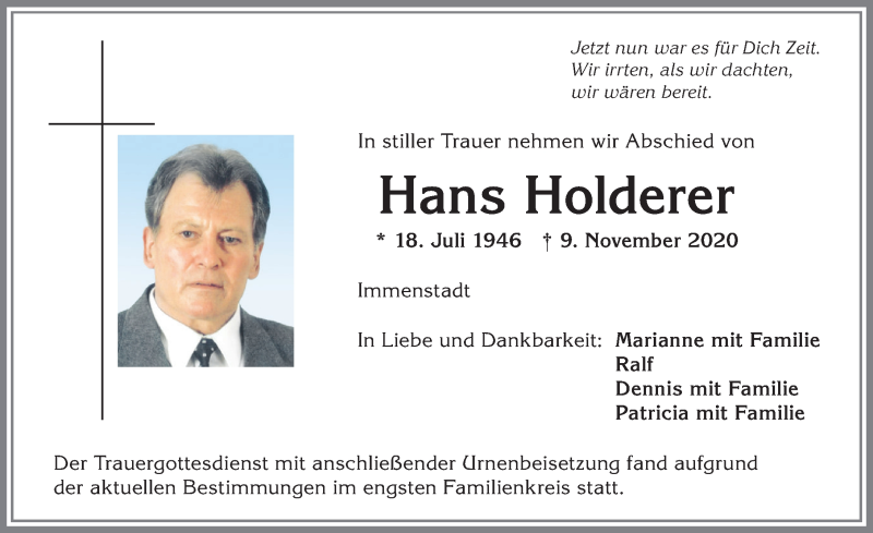 Traueranzeige für Hans Holderer vom 14.11.2020 aus Allgäuer Anzeigeblatt