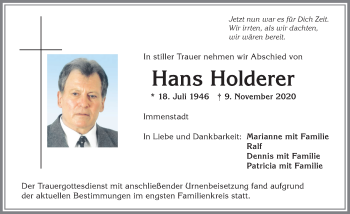 Traueranzeige von Hans Holderer von Allgäuer Anzeigeblatt