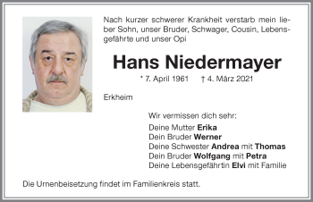 Traueranzeige von Hans Niedermayer von Memminger Zeitung
