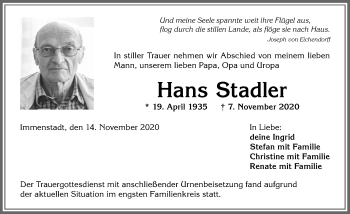 Traueranzeige von Hans Stadler von Allgäuer Anzeigeblatt