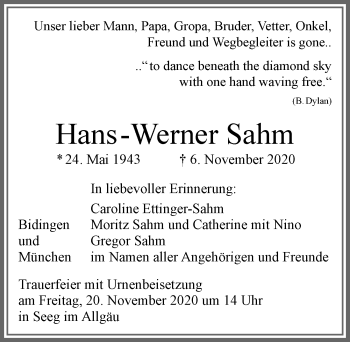 Traueranzeige von Hans-Werner Sahm von Allgäuer Zeitung