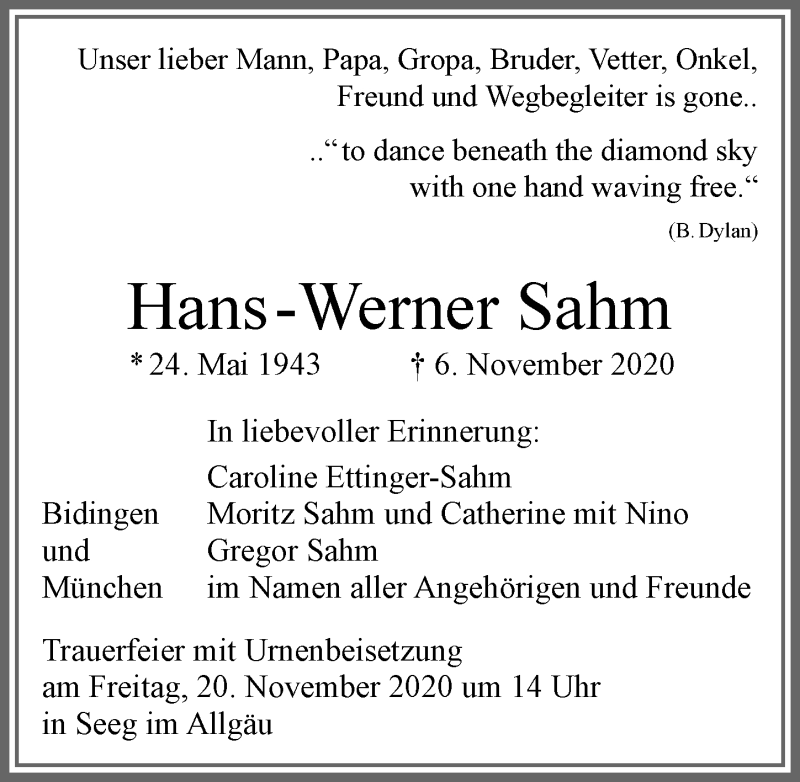  Traueranzeige für Hans-Werner Sahm vom 14.11.2020 aus Allgäuer Zeitung