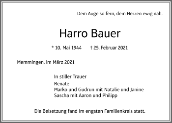 Traueranzeige von Harro Bauer von Memminger Zeitung
