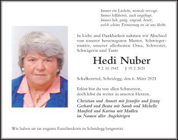 Traueranzeige von Hedi Nuber von Der Westallgäuer