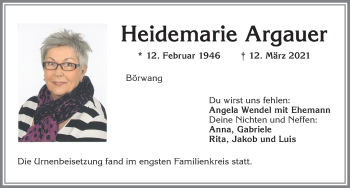 Traueranzeige von Heidemarie Argauer von Allgäuer Zeitung,Kempten