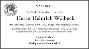 Traueranzeige von Heinrich Wolbeck von Der Westallgäuer