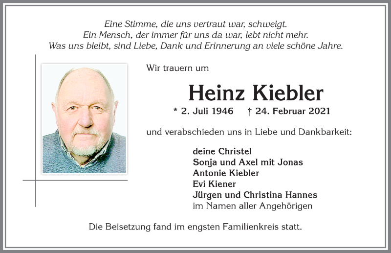  Traueranzeige für Heinz Kiebler vom 17.03.2021 aus Allgäuer Zeitung,Kempten