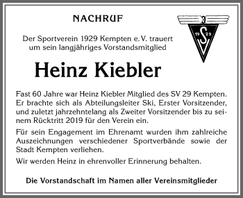 Traueranzeige von Heinz Kiebler von Allgäuer Zeitung,Kempten