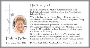 Traueranzeige von Helene Böhm von Allgäuer Zeitung, Füssen
