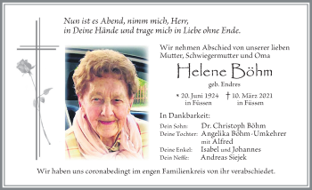 Traueranzeige von Helene Böhm von Allgäuer Zeitung, Füssen