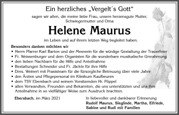 Traueranzeige von Helene Maurus von Allgäuer Zeitung, Marktoberdorf