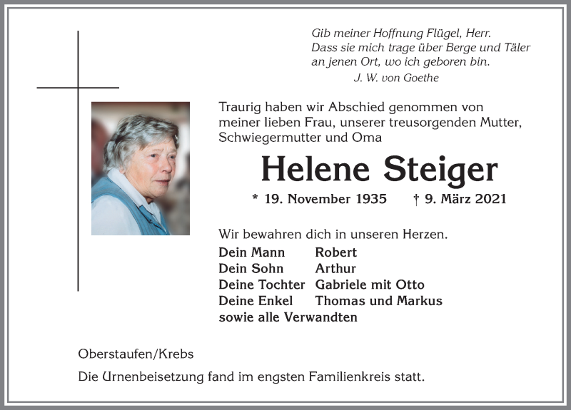 Traueranzeigen von Helene Steiger | Allgäuer Zeitung