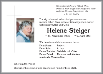 Traueranzeige von Helene Steiger von Allgäuer Anzeigeblatt