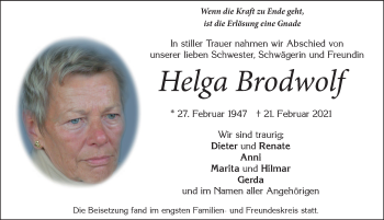 Traueranzeige von Helga Brodwolf von Allgäuer Zeitung, Marktoberdorf