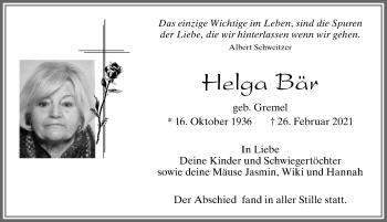 Traueranzeige von Helga Bär von Allgäuer Zeitung, Füssen