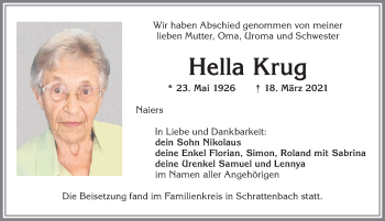 Traueranzeige von Hella Krug von Allgäuer Zeitung,Kempten