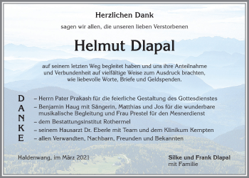 Traueranzeige von Helmut Dlapal von Allgäuer Zeitung,Kempten