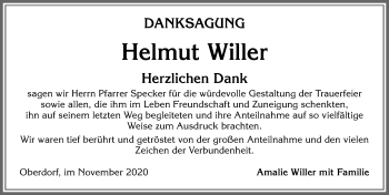 Traueranzeige von Helmut Willer von Allgäuer Zeitung,Kempten