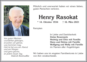 Traueranzeige von Henry Rasokat von Allgäuer Zeitung,Kempten