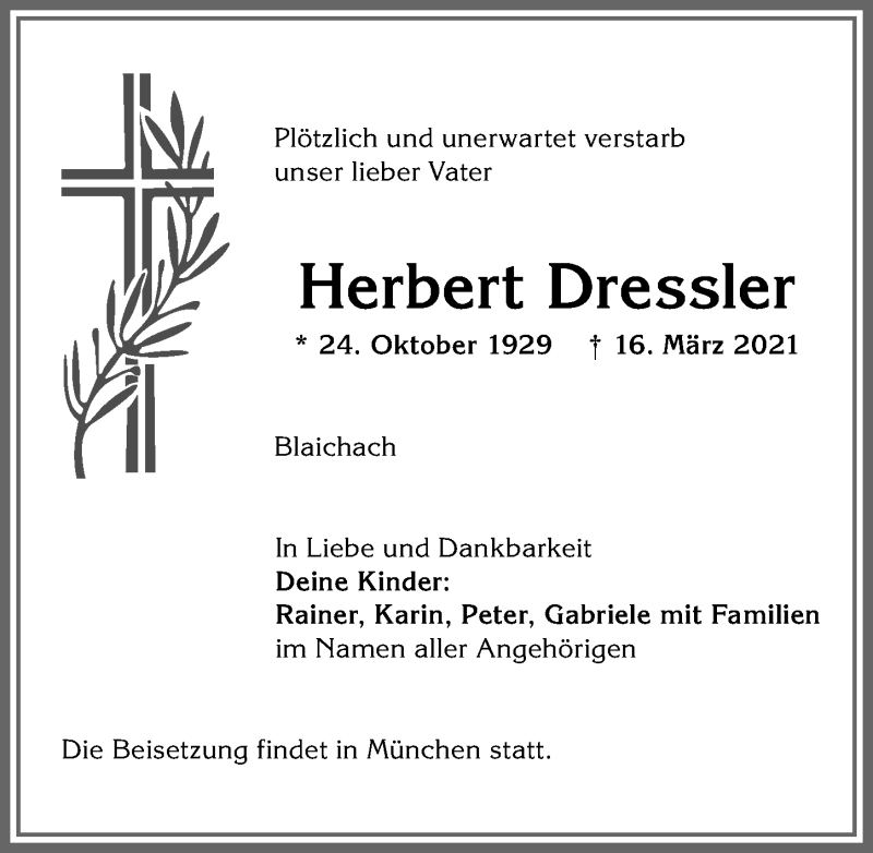  Traueranzeige für Herbert Dressler vom 19.03.2021 aus Allgäuer Anzeigeblatt