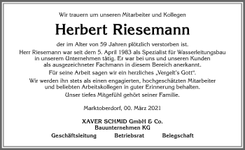 Traueranzeige von Herbert Riesemann von Allgäuer Zeitung, Marktoberdorf