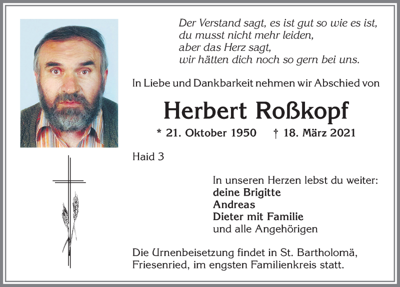  Traueranzeige für Herbert Roßkopf vom 23.03.2021 aus Allgäuer Zeitung, Kaufbeuren/Buchloe