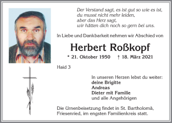 Traueranzeige von Herbert Roßkopf von Allgäuer Zeitung, Kaufbeuren/Buchloe