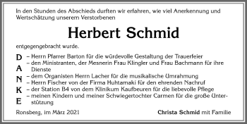 Traueranzeige von Herbert Schmid von Allgäuer Zeitung, Marktoberdorf