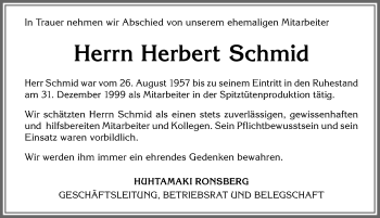 Traueranzeige von Herbert Schmid von Allgäuer Zeitung, Marktoberdorf