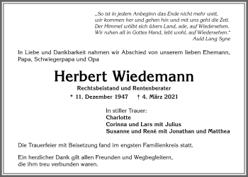 Traueranzeige von Herbert Wiedemann von Allgäuer Anzeigeblatt