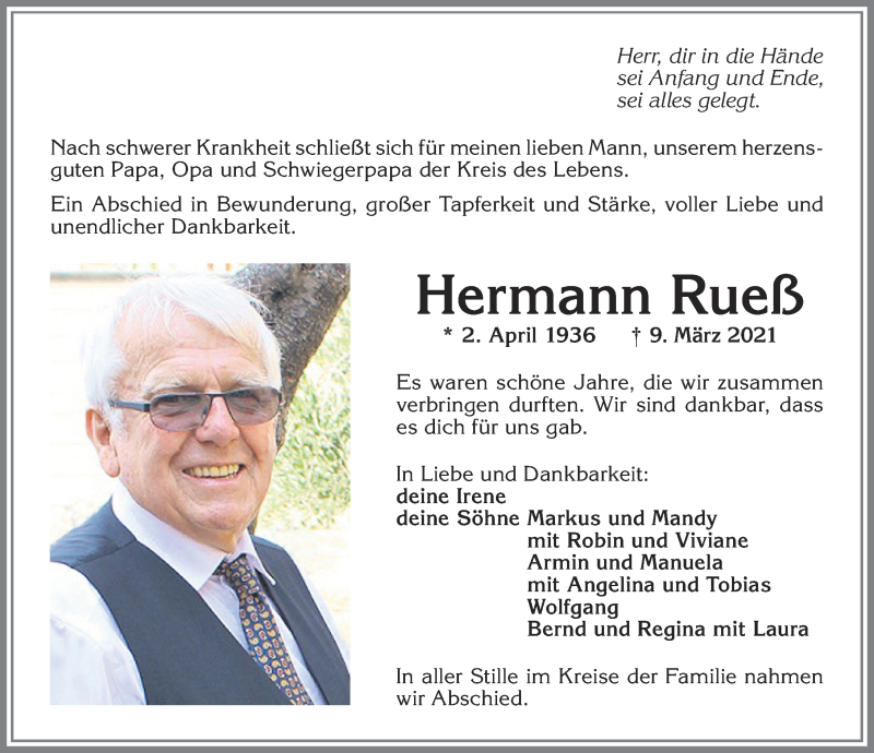  Traueranzeige für Hermann Rueß vom 18.03.2021 aus Allgäuer Zeitung,Kempten