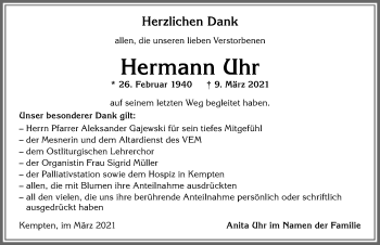 Traueranzeige von Hermann Uhr von Allgäuer Zeitung,Kempten