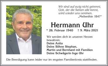 Traueranzeige von Hermann Uhr von Allgäuer Zeitung,Kempten